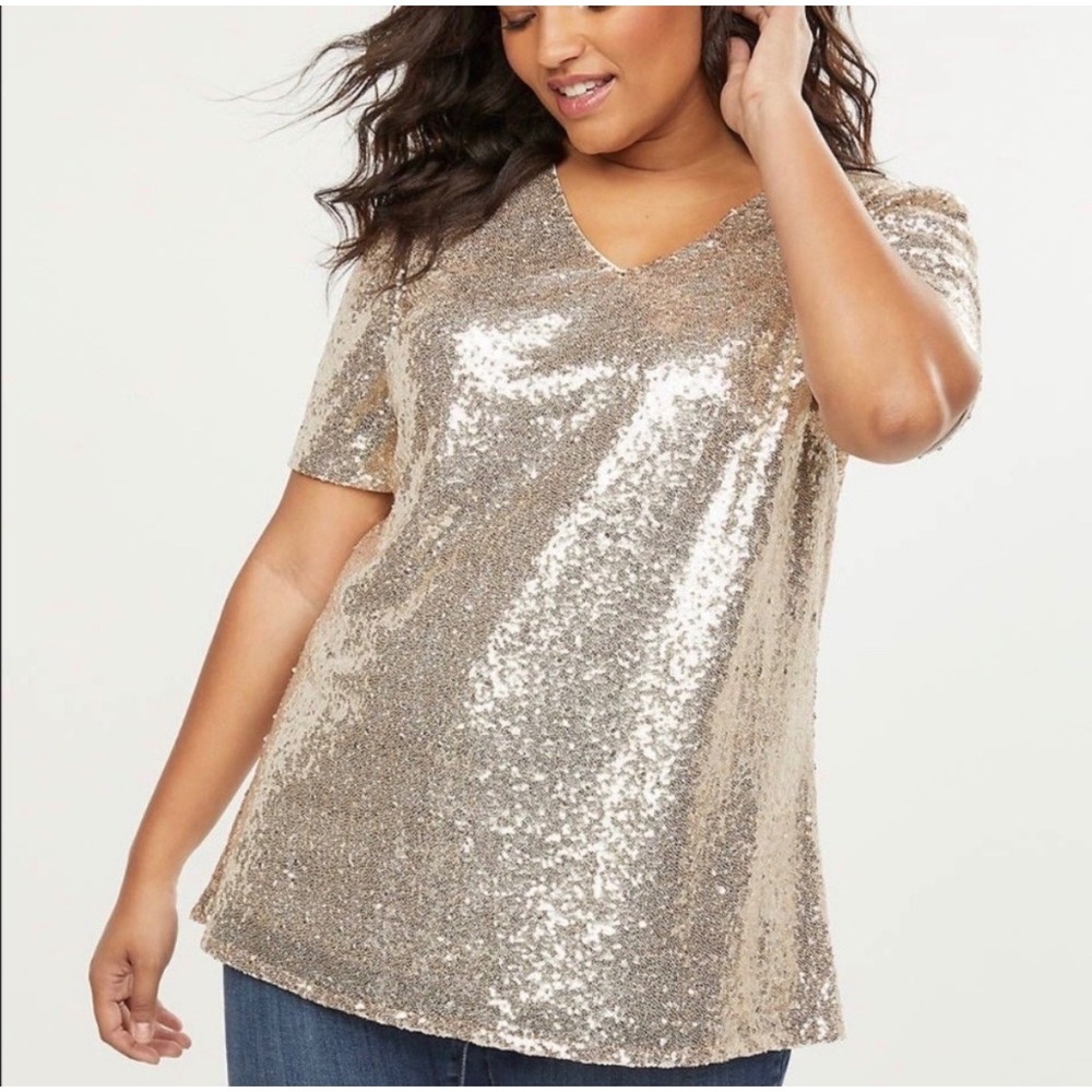 (A4) Lane Bryant Women 18 Sequin V-Neck Top Champagne Gold Short Sleeve Blouse